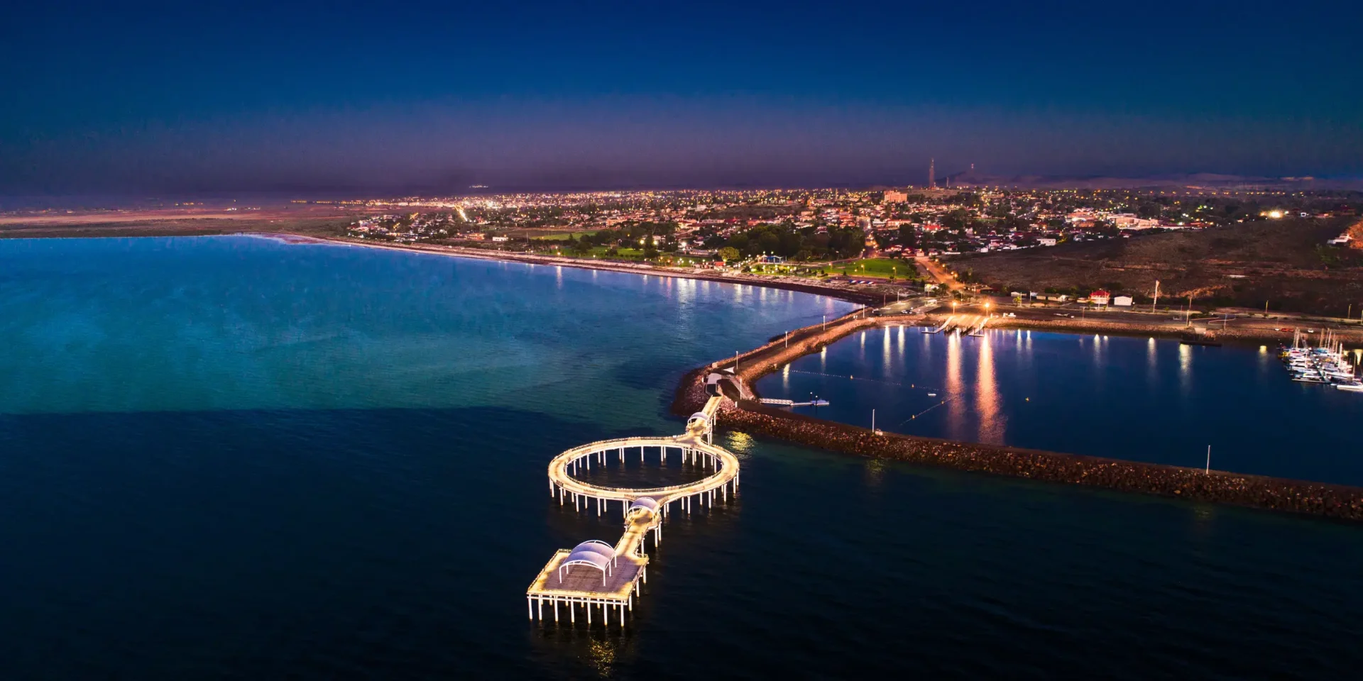 Aerial view of Whyalla foreshore at dusk on the Eyre Peninsula